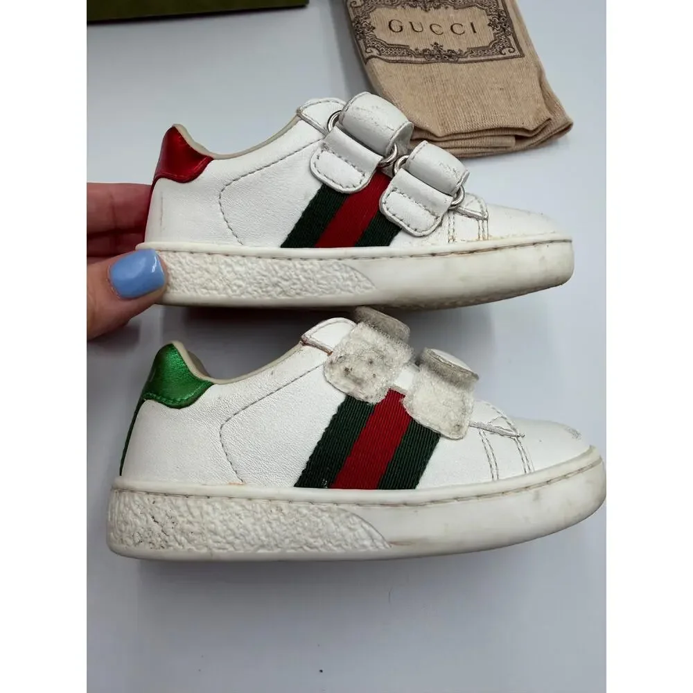 Gucci kids leather ace sneaker with web size 20 with box